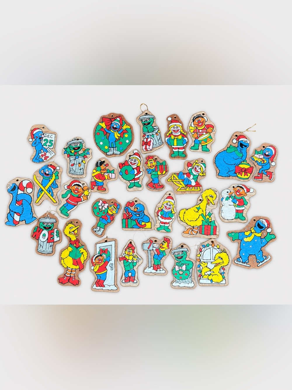 Vintage Sesame Street Wooden Christmas Ornaments Lot of 27 Double-Sided